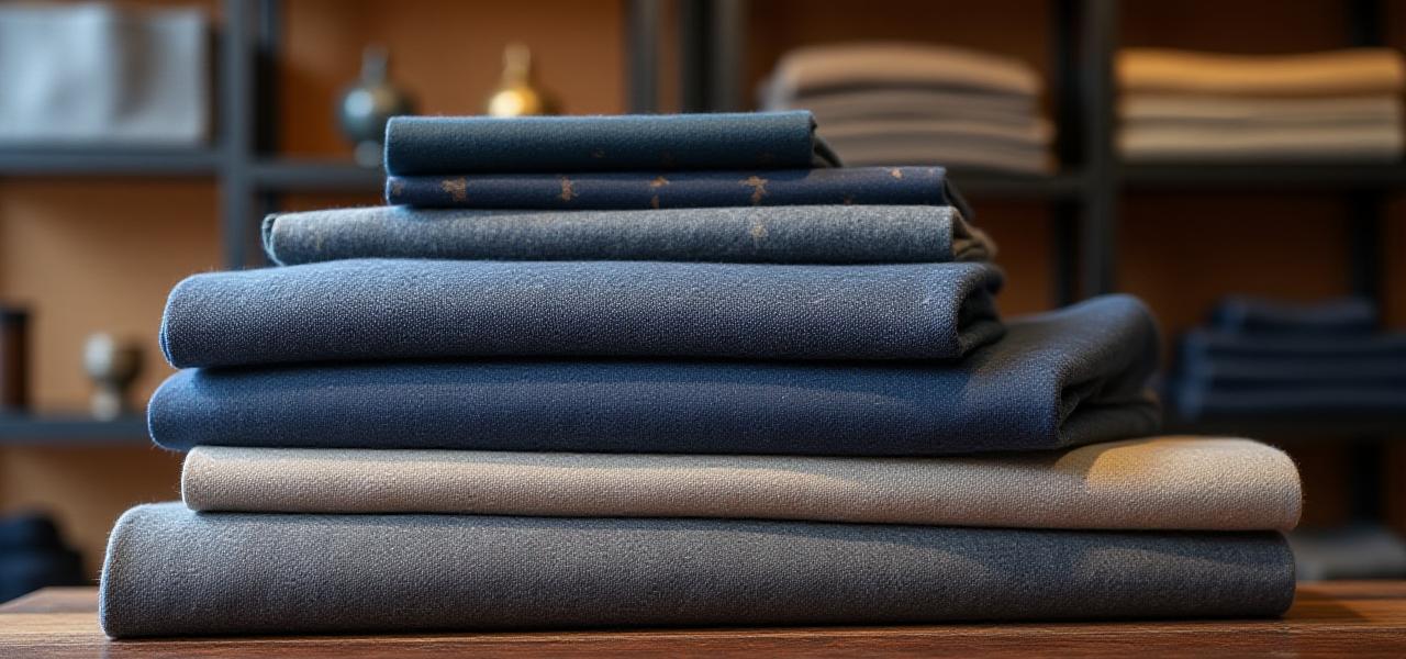 多種多様な高級生地見本が美しく並べられたアトリエの棚